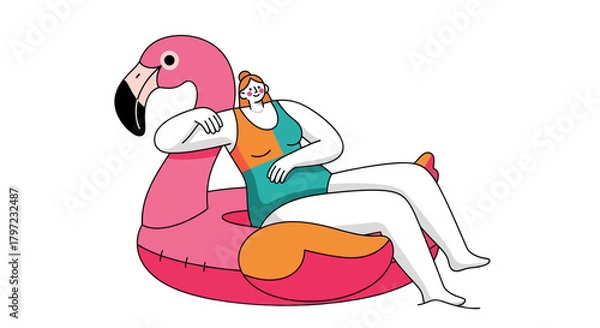 Fototapeta Woman Relaxing On A Flamingo Float, Isolated Against A Black Backdrop