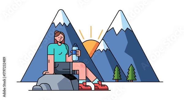 Fototapeta Woman Resting With Water Bottle After Hiking With Mountain Scenery Illustration