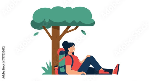 Fototapeta Woman Relaxing Under a Tree After Enjoying Hiking Adventure in Nature's Beauty Scenario