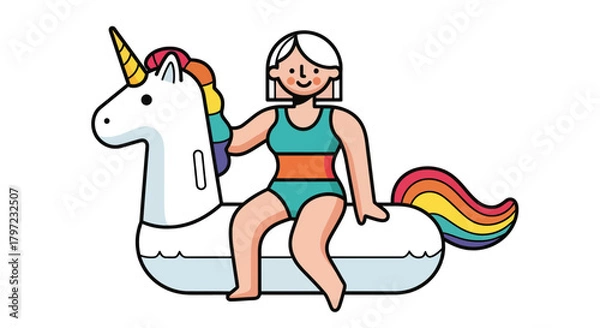Fototapeta Woman Rides Magical Unicorn Float; Bright Colorful Summer Illustration on Black Background