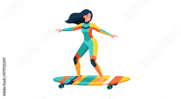 Fototapeta Woman Rides Skateboard In Colorful Outfit Against Black Background Illustration