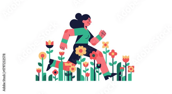 Fototapeta Woman Running Through Field Of Flowers: A Vibrant And Energetic Illustration