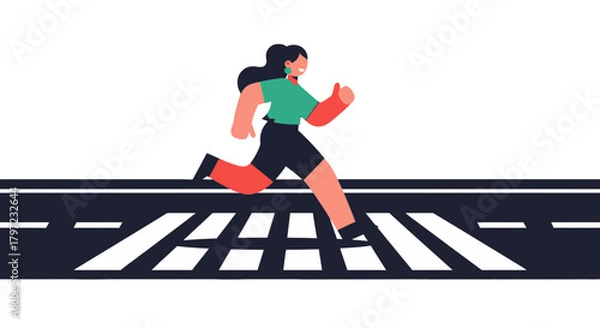 Fototapeta Woman Runs Across the Crosswalk, Energetic Illustration On Black Background