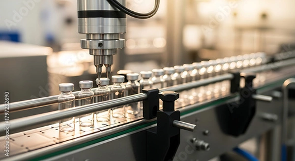 Fototapeta Pharmaceutical manufacturing: Vial filling process on automated conveyor belt ensures precision and efficiency in modern medicine production facility