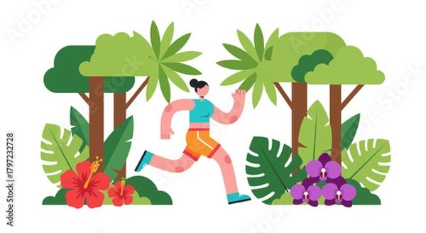Fototapeta Woman Runs Through Lush Tropical Jungle Environment with Vibrant Flowers and Trees