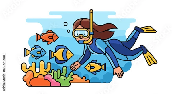Fototapeta Woman Scuba Diving With Fish Amongst a Colourful Array of Coral Reef Underwater