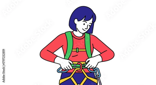 Fototapeta Woman Securing Climbing Harness in a Vibrant Animated Illustration Against a Solid Black Background