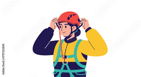 Fototapeta Woman Securing Helmet Before Adventure Activities Against black Background