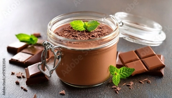 Fototapeta chocolate mousse dessert in a glass jar garnished with chopped chocolate and mint