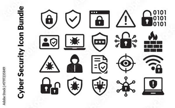 Fototapeta Cyber Security Icon Bundle. Digital Protection, Data Safety and Hacking Prevention Solid Vector Set. Virus and Firewall Concept.