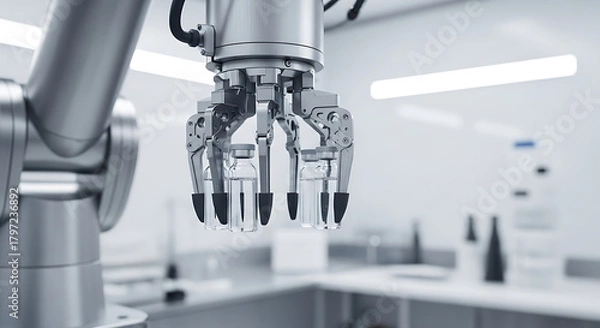 Fototapeta Precision automation with robotic arm expertly handling vials in modern pharmaceutical facility, driving innovation and efficiency in medical manufacturing processes