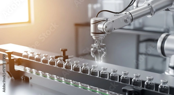 Obraz Automated precision manufacturing: Robotic arm handling vials on conveyor belt for pharmaceutical production, showcasing efficiency and advanced technology