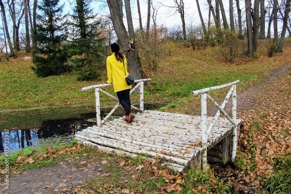 Obraz A woman in a yellow coat is standing on a birch bridge in the estate of Count Leo Tolstoy in Yasnaya Polyana.