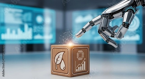 Fototapeta Robotic hand touching a cube with icons representing sustainability and technology, symbolizing the future of ecofriendly innovation and ai integration