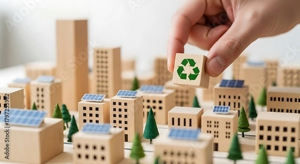 Fototapeta Hand placing a recycling symbol block onto a miniature city model with solar panels and trees