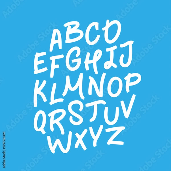 Obraz Capital letters of the Latin alphabet written in white marker on a blue background. Vector alphabet. Fashionable font. Lettering