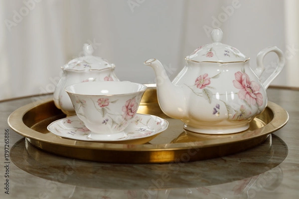 Fototapeta Elegant floral teapot and teacup set on a gold tray for a refined tea setting