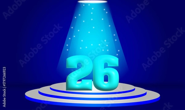 Obraz Glowing Number 26 on Futuristic Stage Podium Under Blue Spotlight – Modern Celebration Background for Anniversary, Birthday, or Special Events