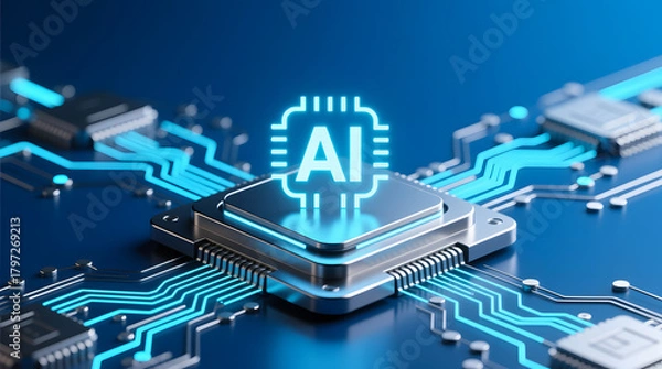 Obraz A glowing AI processor chip with cyber circuitry symbolizing advanced technology infrastructure.
