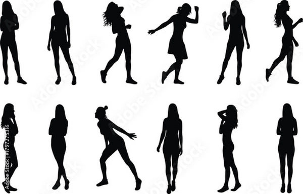 Fototapeta Set of black female silhouettes in various dynamic and static poses, diverse women figures standing, dancing, and posing, isolated vector graphic collection.