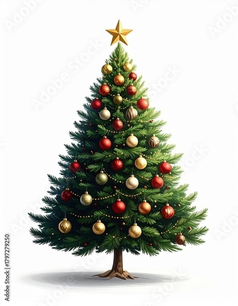 Fototapeta Arbol de navidad o abeto navideño decorado con adornos y bolas de colores, para tarjeta de felicitación navideña, aislado en fondo blanco