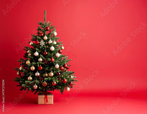 Fototapeta Arbol de navidad o abeto navideño decorado con adornos y bolas de colores, para tarjeta de felicitación navideña, aislado en fondo rojo