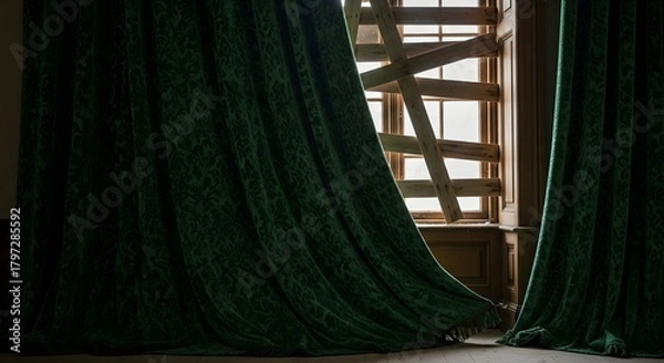 Obraz Sunlight streams through a partially open window, illuminating a room with dark green curtains that are pulled back, revealing a wooden shutter and a glimpse of the outside