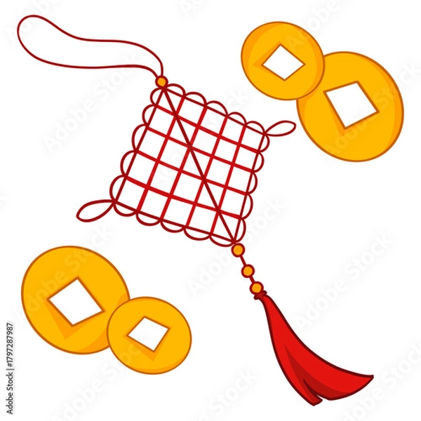 Fototapeta Chinese red knot with gold coins symbolizing unity, luck, and fortune for Lunar New Year.
