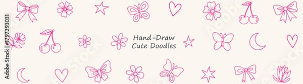 Obraz Pink Doodle Dreamscape Whimsical Bows Cherries Butterflies Hearts Stars Flowers Moons in a Hand Drawn Cute Vector Design