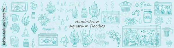 Obraz Serene Hand Drawn Aquarium Doodles Fish Bubbles Plants and Accessories in a Delightful Aquatic Blue Perfect for Creative