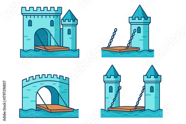 Obraz Set of four medieval castle elements with drawbridges and towers over water