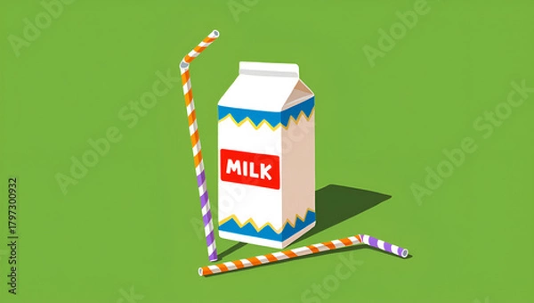 Obraz A carton of milk with striped straws on a green background, representing a healthy and refreshing beverage choice, Generative AI