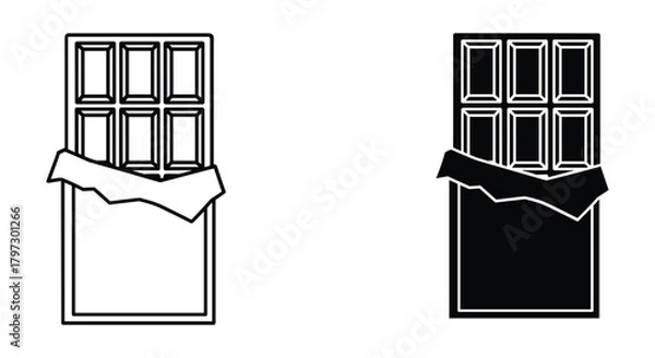 Fototapeta Outline and solid silhouette icons of a partially unwrapped chocolate bar, a sweet dessert confectionery product.
