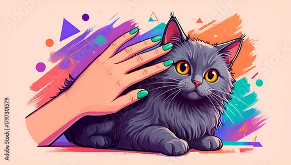 Obraz Colorful pop art illustration of a gentle hand stroking a fluffy grey cat, expressing affection and companionship, Generative AI