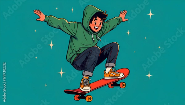 Obraz Young person in green hoodie joyfully skateboarding with arms outstretched and stars in the background, capturing a vibrant sense of motion and youthful energy, Generative AI