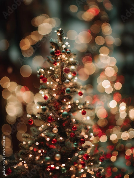 Obraz Close-up view of colorful Christmas lights sparkling on a beautifully decorated tree Generative AI