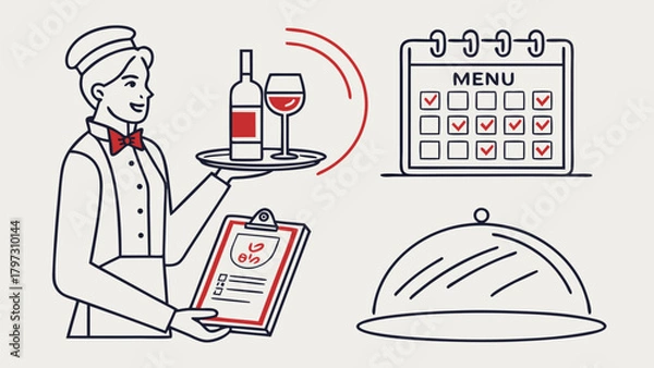 Fototapeta Smiling Waiter Holding Tray, Menu, and Clipboard, Vector Illustration