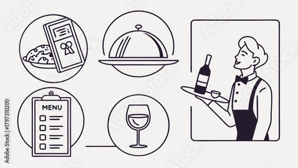 Fototapeta Smiling waiter in uniform holding a tray with a wine bottle and small dish, minimalist line art.