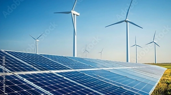Fototapeta Solar panels in foreground with wind turbines in background under clear blue sky, showcasing renewable energy technology and sustainable development in a modern landscape