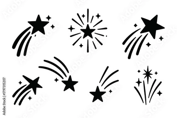 Fototapeta Stylized shooting stars and sparkle burst icons in black silhouette design