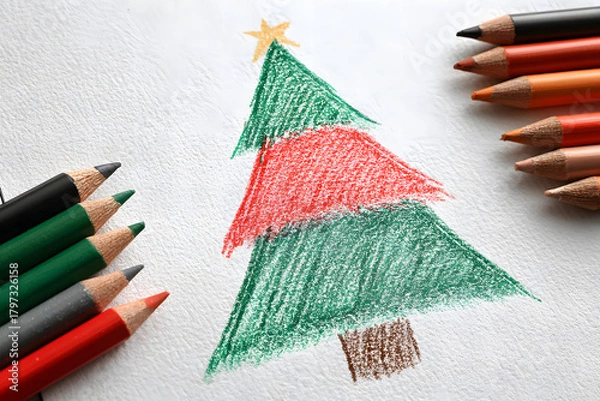 Obraz Children's drawing of a New Year tree in pencil