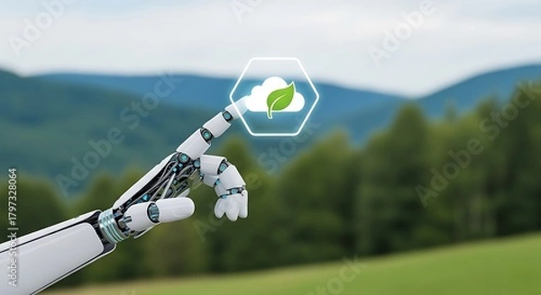 Fototapeta Robotic hand touching a cloud icon with a leaf, symbolizing environmental technology and sustainability in nature