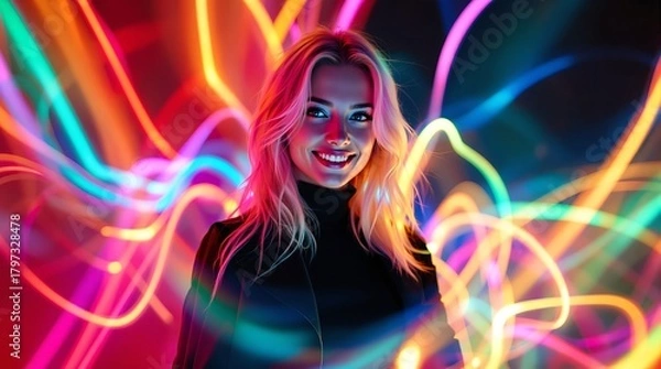 Obraz Bright colors illuminate a joyful woman standing against vibrant light trails at night in an artistic setting