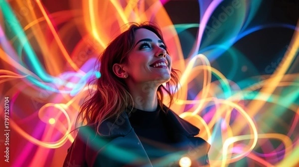 Obraz Colorful light trails surround a smiling woman in a vibrant, modern setting at night