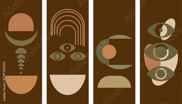 Fototapeta Boho Abstract Geometric Eyes and Shapes Mid Century Modern Wall Art