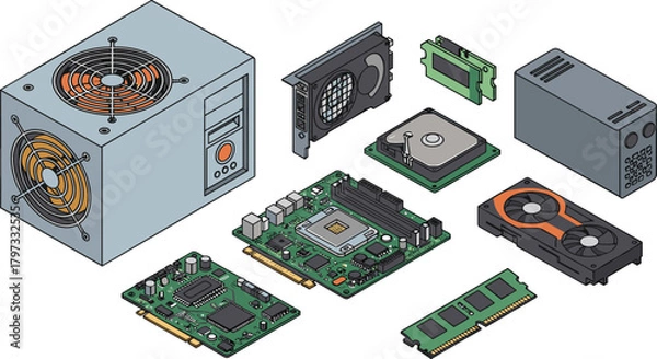 Fototapeta Isometric computer hardware illustration, desktop components, motherboard, CPU, GPU, SSD, HDD, RAM, PSU, cooling fan, tech parts, digital art