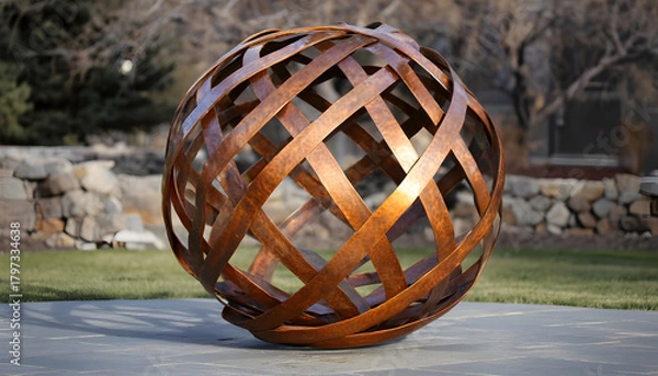 Fototapeta Copper-colored geometric metal ball made from interlocking curved strips forming a spherical lattice sculpture
