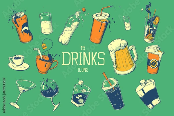 Fototapeta Drinks and cocktails icon set in hand drawing style. Vector illustration.
