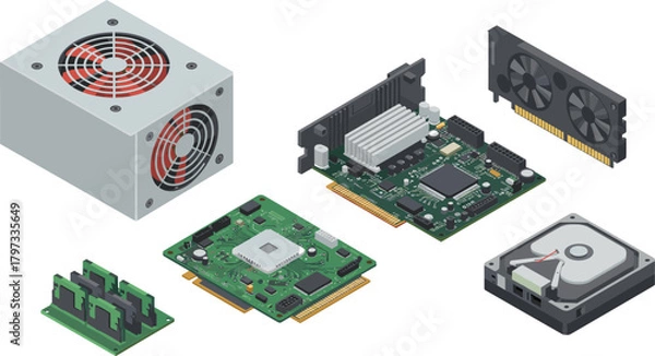 Fototapeta motherboard, GPU, RAM, HDD, PSU, cooler, circuit, board, hardware, computer, system, desktop, technology, illustration, components