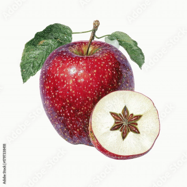 Obraz Red Apple Slice with Leaves